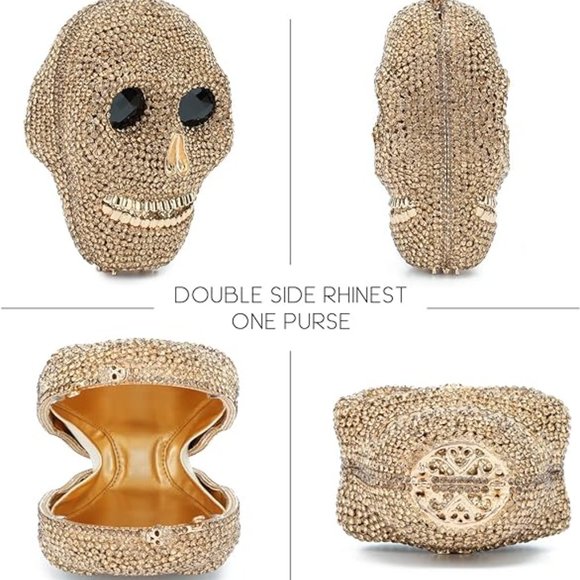 NWT Sparkling Bling Crystal Rhinestone Skull Clutch Purse Silver Gold +F… - Picture 11 of 11